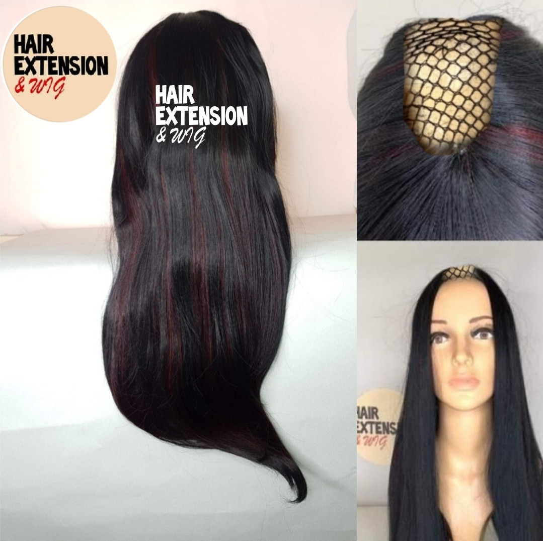 Straight light wavy "28 inch " 230gm black with burgundy highlights (sh1H35) U Part Wig product-image